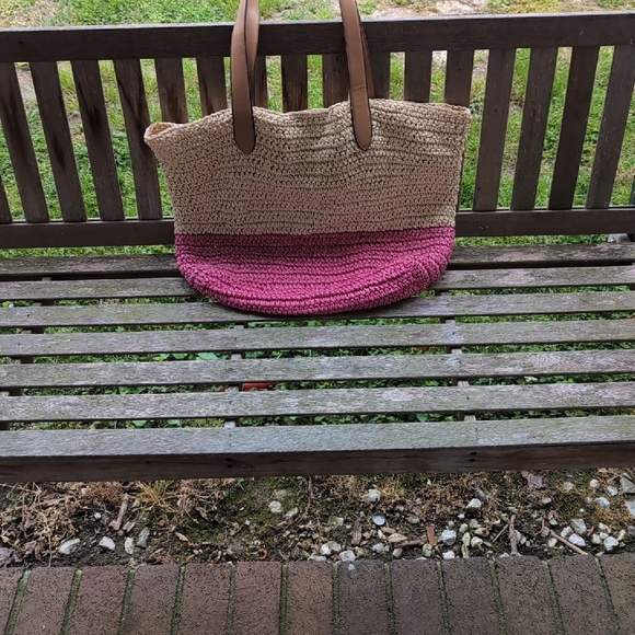 Two-Tone Straw Tote Bag - Pink and Tan - Picture 2 of 15